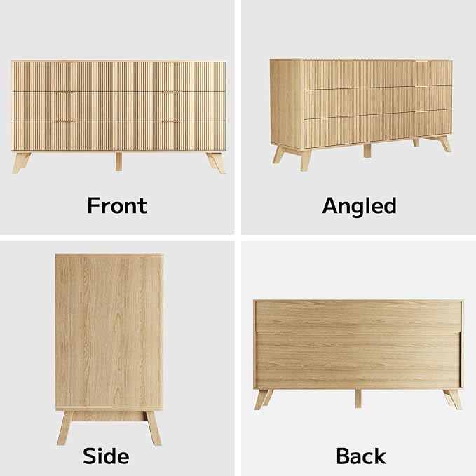 Fluted Dresser with 6 Drawers, 53.43 Inch Wood Double Dresser with Metal Handles Curved Design Wide Storage Organizer Cabinet Modern Chest Dressers for Bedroom Living Room Entryway(Oak)