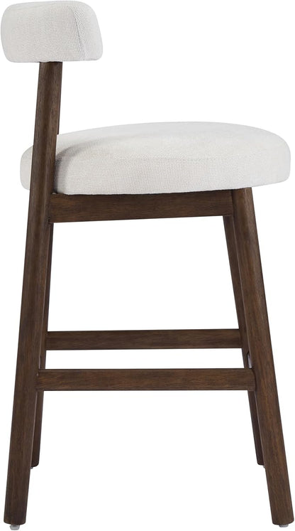 Christopher Knight Home Annes Counter Height Bar Stools Set of 2, Linen Fabric Round Bar Stool for Kitchen Island, Wooden Dining Room Chair, Counter Stool with Footrest, Walnut+Milky White