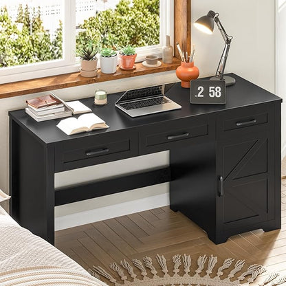 Vabches Farmhouse 59" Executive Desk,Computer Desk with 3 Drawers and Storage Cabinet,Home Office Desk for Work and Study. Pure Black