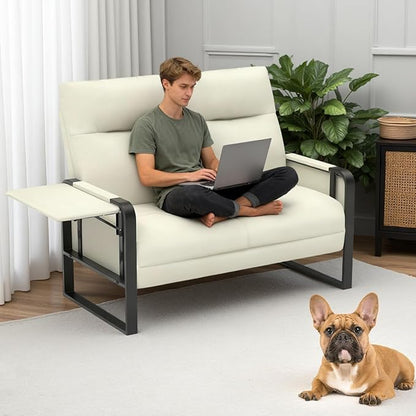 Faux Leather Loveseat, Upholstered Loveseat with Side Tray Table & Storage Pocket, Small Loveseat for Living Room, Modern 2 Seater Sofa Couch for Small Spaces, Bedroom, Beige
