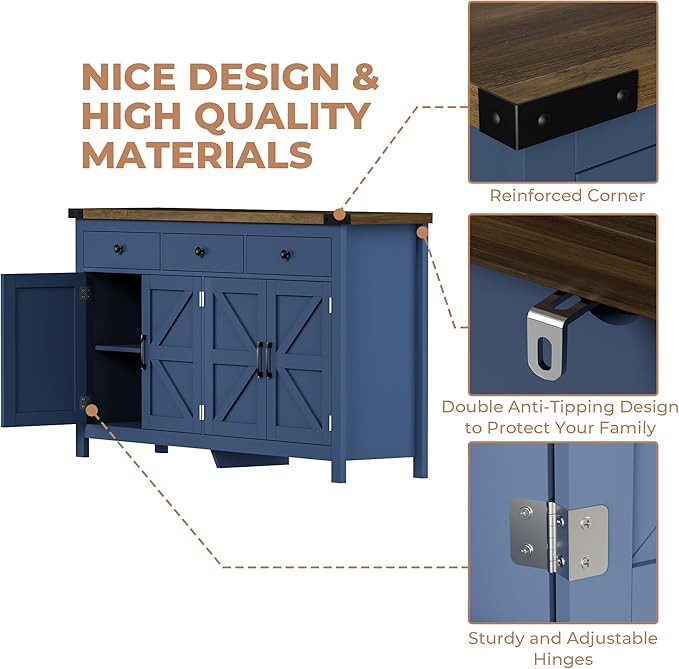 63" Sideboard Buffet Cabinet with Storage, Coffee Bar with 3 Drawers and 4 Barn Doors, Long Wider Storage Cabinet Modern Farmhouse, Blue Wood, for Kitchen, Dining Room, Living Room