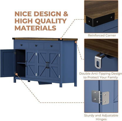 63" Sideboard Buffet Cabinet with Storage, Coffee Bar with 3 Drawers and 4 Barn Doors, Long Wider Storage Cabinet Modern Farmhouse, Blue Wood, for Kitchen, Dining Room, Living Room