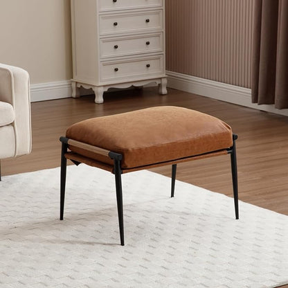 HEAH-YO Modern Footstool Ottoman Set of 1, Upholstered PU Leather Fabric Footrest Ottoman with Metal Legs, Small Footrest Extra Seating for Living Room Entryway, Brown