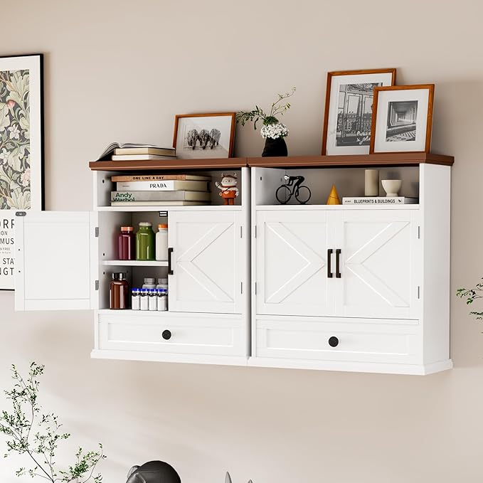 Bathroom Wall Cabinet, Farmhouse Wall Mounted Medicine Cabinet with Drawer, Barn Doors and Adjustable Shelf, 25"H x 23.6"W x 9"D White Over Toilet Storage Cabinet for Kitchen, Laundry Room, Entryway