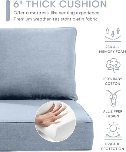 Luxury 22x24/22x25 6-Inch Outdoor Deep Seat Cushions Set of 6 - Comfortable Patio Zipper Chair Cushion for Wicker Dining Rocking Swivel Chairs Loveseat Couch Sectional Sofa - Baby Blue