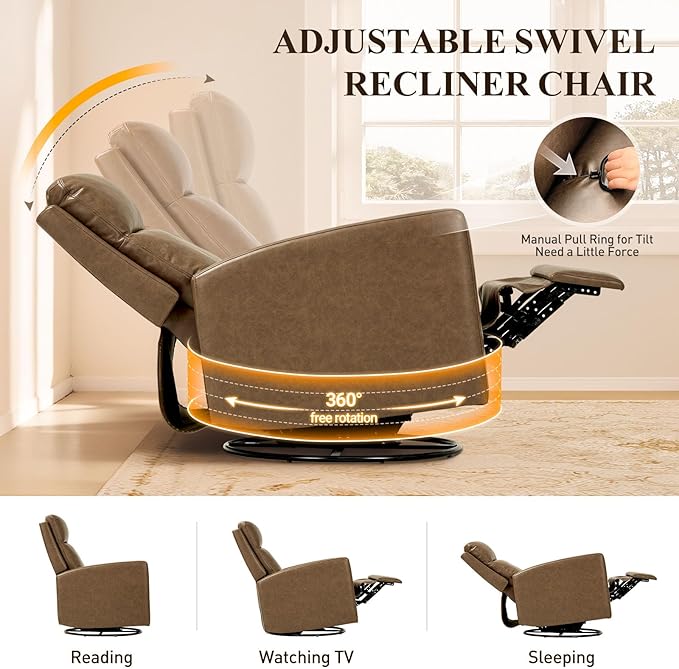 COLAMY Recliner Chair Set of 2, PU Leather 360° Swivel Rocker Recliner, Nursery Glider Recliner with Ergonomic High Backrest and Upholstered Deep Seat for Living Room, Bedroom, Color Brown