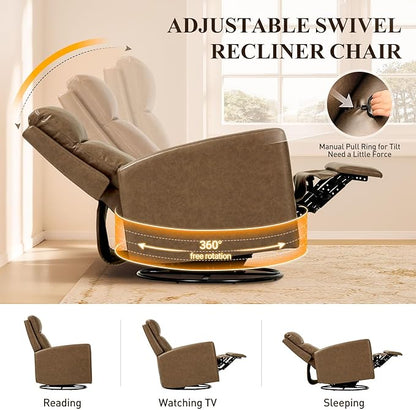 COLAMY Recliner Chair Set of 2, PU Leather 360° Swivel Rocker Recliner, Nursery Glider Recliner with Ergonomic High Backrest and Upholstered Deep Seat for Living Room, Bedroom, Color Brown