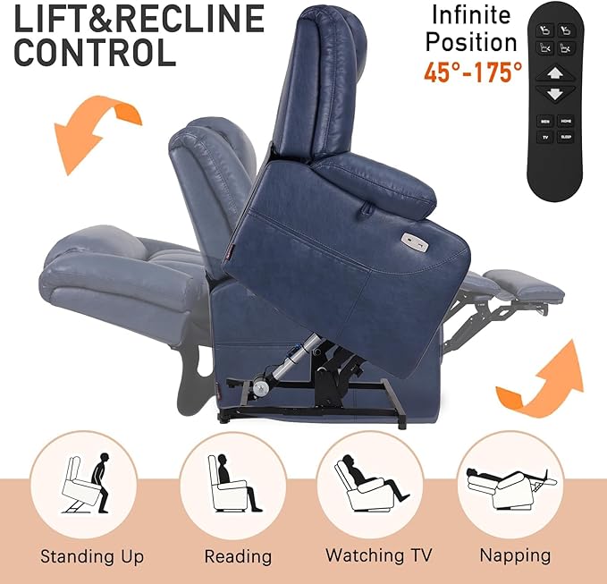 EONIX Dual Motor Oversized Power Lift Recliner Chair for Elderly, 400lbs Heavy Duty Faux Leather Recliner with Massage and Heat, Big and Tall Lay Flat Lift Chair with Cup Holders, SLRY006, Navy Blue