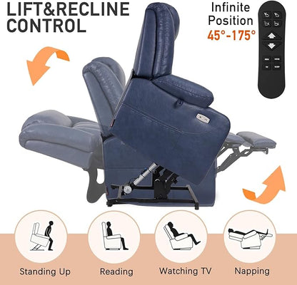 EONIX Dual Motor Oversized Power Lift Recliner Chair for Elderly, 400lbs Heavy Duty Faux Leather Recliner with Massage and Heat, Big and Tall Lay Flat Lift Chair with Cup Holders, SLRY006, Navy Blue