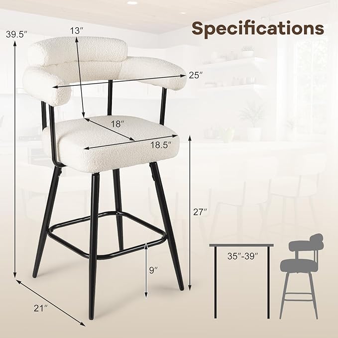 COSTWAY Counter Height Bar Stools Set of 4, 27" Swivel Modern Upholstered Counter Chairs with Boucle Fabric, Curved Backrests & Metal Legs, for Kitchen Island, Home, Pub (4, White + Black)