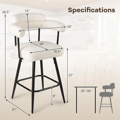 COSTWAY Counter Height Bar Stools Set of 4, 27" Swivel Modern Upholstered Counter Chairs with Boucle Fabric, Curved Backrests & Metal Legs, for Kitchen Island, Home, Pub (4, White + Black)