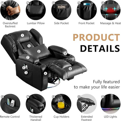 Power Swivel Rocker Recliner Chairs, Electric Wall Hugger Reclining Sofa with Massage & Heat, Comfy Theater Seating Single Chair with LED Light/USB/Type-C Ports (Leather Black, Set of 2)