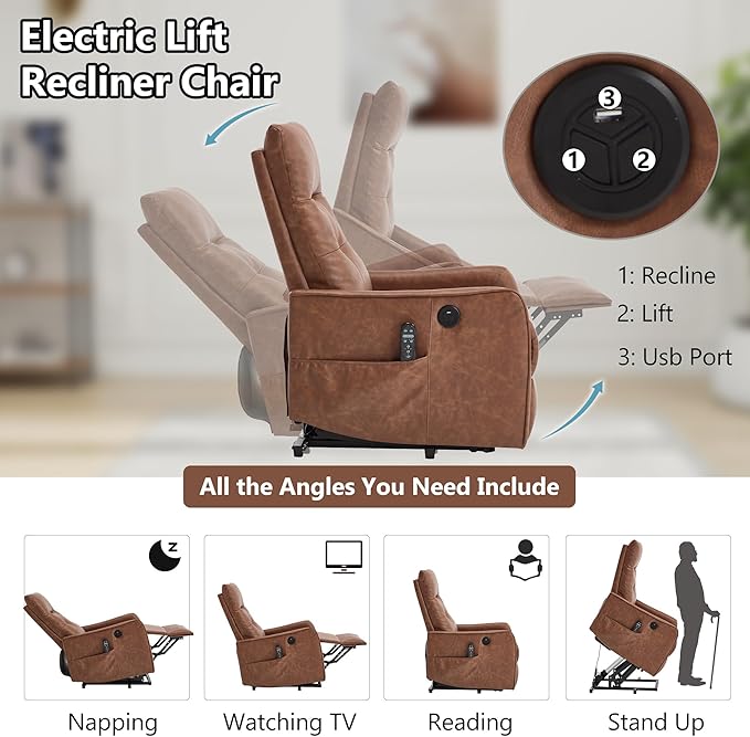 PELUMY Manual Lift Recliner Chair with Massage and Heat for Elderly, Single Motor Electric Lift Chair, Heavy Duty Recliner with USB Charging & Side Pockets (Breathable Leather, Yellow Brown)