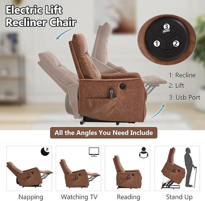 PELUMY Manual Lift Recliner Chair with Massage and Heat for Elderly, Single Motor Electric Lift Chair, Heavy Duty Recliner with USB Charging & Side Pockets (Breathable Leather, Yellow Brown)