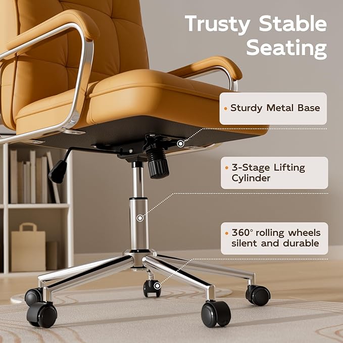 Brown Office Chair with Soft Leather, Swivel Computer Home Office Desk Chair with Wheels and Padded Arms, Adjustable Height and Tilt