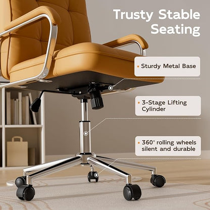 Brown Office Chair with Soft Leather, Swivel Computer Home Office Desk Chair with Wheels and Padded Arms, Adjustable Height and Tilt