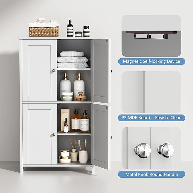 Shintenchi Bathroom Storage Cabinet with Doors and Shelves, Floor Cabinets for Washroom Furniture, Laundry Room, Organization with Adjustable Shelf, White
