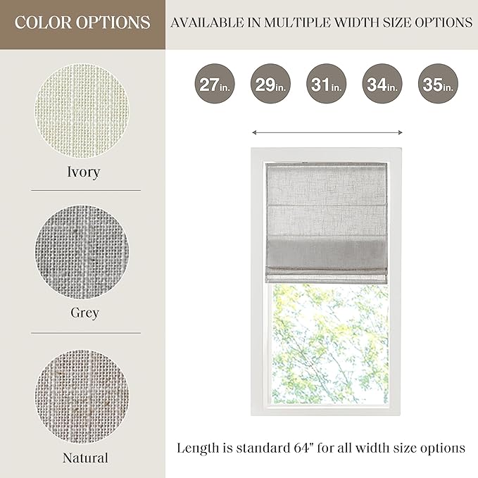 Madison Park Kyler Cordless Roman Shades - Single Panel, Lightweight Linen Blend Fabric, Natural Design, Easy Installation, Light Filtering Window Blind, Bedroom, Living Room Decor 31" W x 64" H Grey