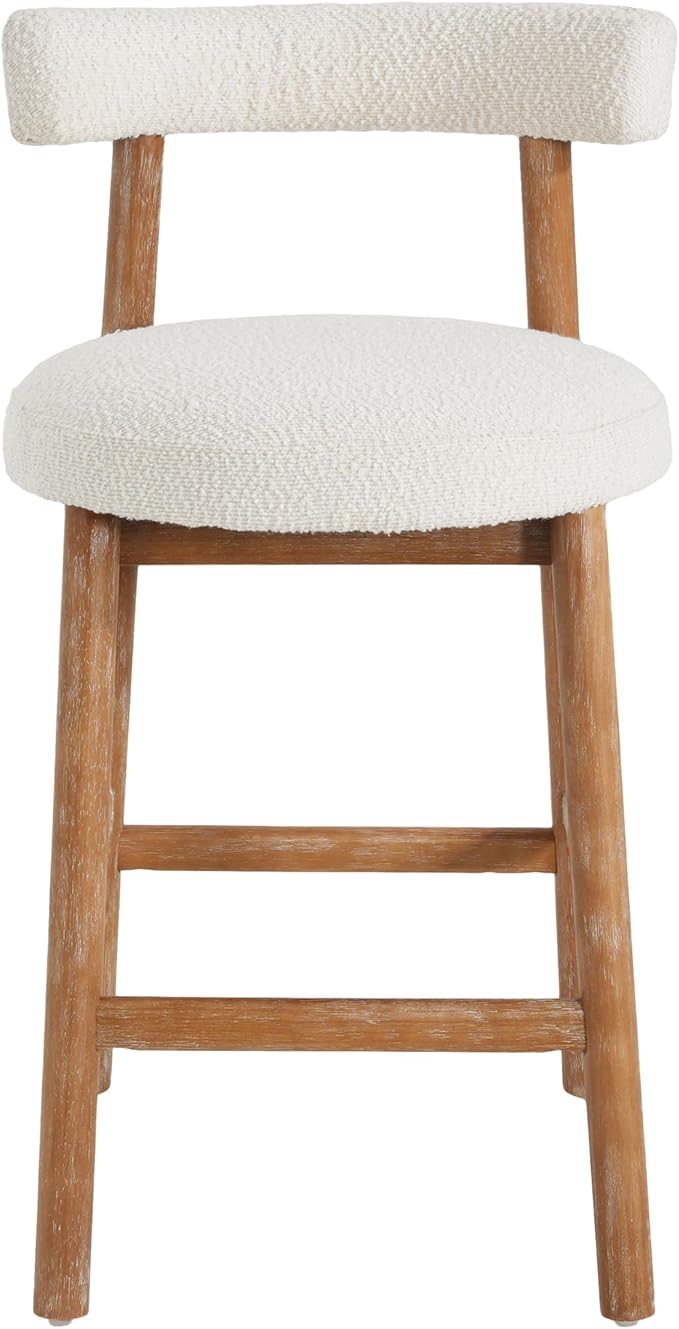 Christopher Knight Home Annes Counter Height Bar Stools Set of 2, Boucle Fabric Round Bar Stool for Kitchen Island, Wooden Dining Room Chair, Counter Stool with Footrest, Natural+Milky White