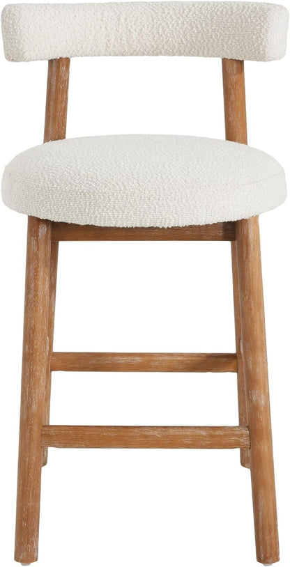 Christopher Knight Home Annes Counter Height Bar Stools Set of 2, Boucle Fabric Round Bar Stool for Kitchen Island, Wooden Dining Room Chair, Counter Stool with Footrest, Natural+Milky White