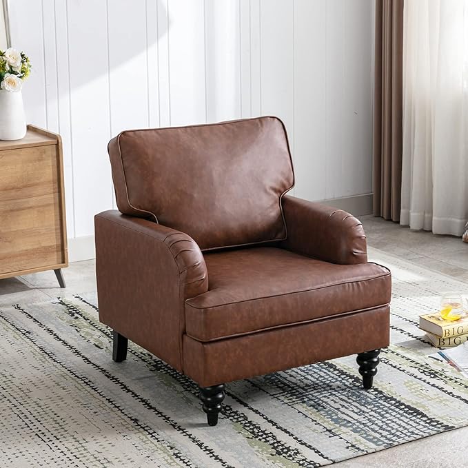 PU Leather Upholstered Accent Chair Modern Single Sofa Chair with Thick Removable Back Cushion and Black Printed Legs Armchair for Living Room/Bedroom/Reading Room, Brown