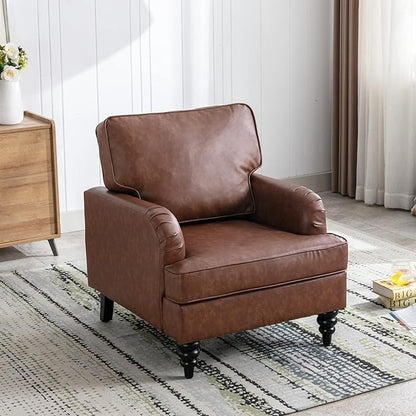 PU Leather Upholstered Accent Chair Modern Single Sofa Chair with Thick Removable Back Cushion and Black Printed Legs Armchair for Living Room/Bedroom/Reading Room, Brown