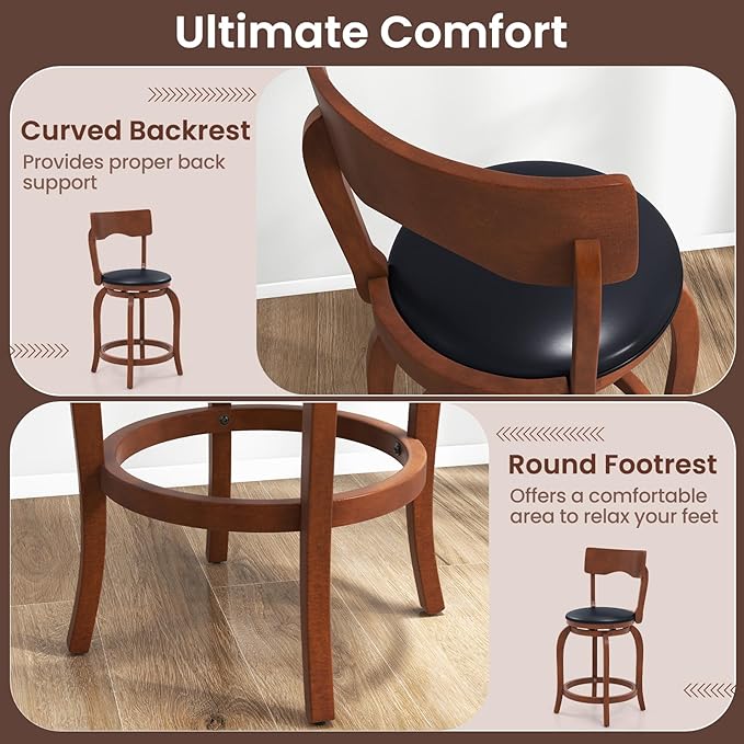 COSTWAY Bar Stools Set of 2, 24 Inch Swivel Counter Height Chairs with Rubber Wood Frame, Upholstered Seat, High Back Barstools for Kitchen Island, Home Bar, Pub, Brown (2, Seat Height: 24”)