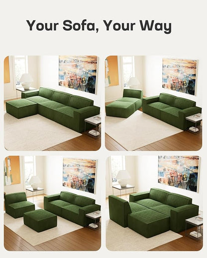 Marsail Modular Sectional Sofa, 111" L-Shaped Cloud Boneless Sectional Couch with Deep Seat, Freely Combinable Modern Sofa for Living Room, No Assembly, Plush Corduroy Fabric, Green