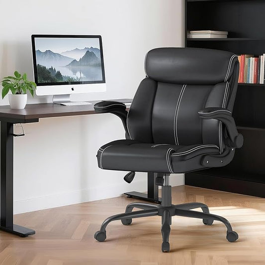 AnyGod Executive Leather Office Chair, Ergonomic Home Office Desk Chair with Flip-up Armrests, Lumbar Support, Adjustable Height, Mid-Back with Rocking Function for Executives