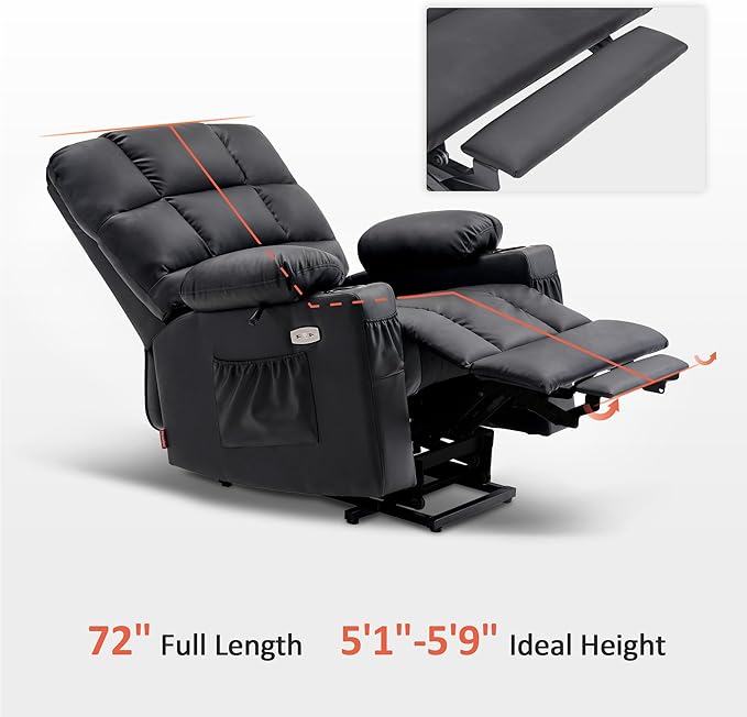 MCombo Medium Lay Flat Dual Motor Power Lift Recliner Chair Sofa with Massage and Heat for Elderly People, Infinite Position, Faux Leather 7679 (Black, Medium)