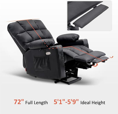 MCombo Medium Lay Flat Dual Motor Power Lift Recliner Chair Sofa with Massage and Heat for Elderly People, Infinite Position, Faux Leather 7679 (Black, Medium)