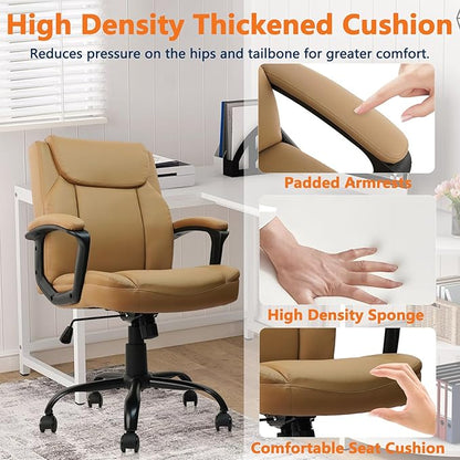 CLATINA Brown Office Computer Chair PU Leather Executive Swivel Adjustable Height Chairs with Upholstery Fixed armrest Mid-Back Leather Thick Cushion Office Chair Brown 4Pack