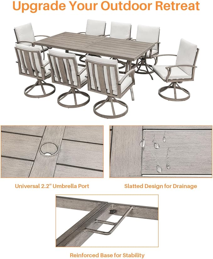 9-Piece Patio Dining Set for 8, Aluminum Outdoor Swivel Dining Set with Cushions, Outdoor Dining Set with Umbrella Hole, Patio Table and Chairs Furniture Sets for Deck, Garden Yard, Limed Oak