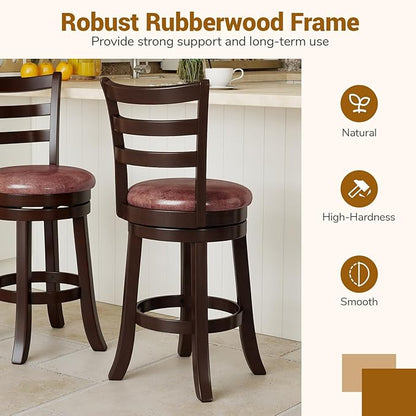 COSTWAY 26" Counter Height Stools Set of 2, Swivel High-Top Chairs with Backrest & Faux Leather Padded Seat, Rubber Wood Counter Barstools with Footrest for Kitchen, Dining Room, Pub (2,26'')