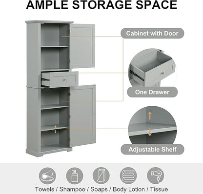 Tall Storage Cabinet, Bathroom Floor Freestanding Storage Cabinet with 2 Doors, One Drawer, and Adjustable Shelf for Bathroom, Office, Living Room, Grey