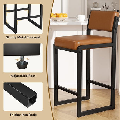 Bar Stools Set of 5, Faux Leather Counter Height Bar Stools with High Back and Metal Legs, Upholstered Bar Chairs, 26" Modern Barstools for Kitchen Island, Caramel