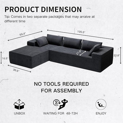 105" Modular Sectional Sofa L Shape for Bedroom, Modular Cloud Sofa with Deep Seat for Living Room, Upholstered Couches No Assembly Required Black, Left Facing Chaise