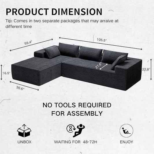 105" Modular Sectional Sofa L Shape for Bedroom, Modular Cloud Sofa with Deep Seat for Living Room, Upholstered Couches No Assembly Required Black, Left Facing Chaise