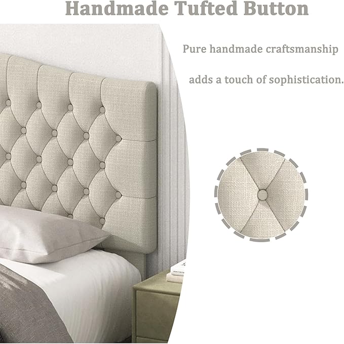 King Headboard Only, Upholstered Headboard King Size for Adjustable Bed Linen Tufted Wall Mounted Head Board with Solid Wood Legs, Ivory