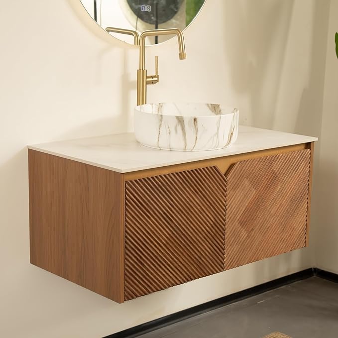 36 Inch Floating Bathroom Vanity with Vessel Sink, Fluted Modern Cabinet with 2 Doors, White Ceramic Sink with Stone Pattern & Sintered Stone Top, Oak