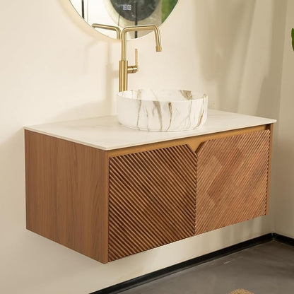 36 Inch Floating Bathroom Vanity with Vessel Sink, Fluted Modern Cabinet with 2 Doors, White Ceramic Sink with Stone Pattern & Sintered Stone Top, Oak