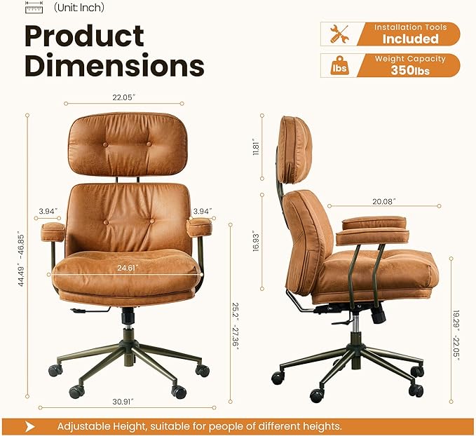 Home Office Desk Chair, Mid-Century Modern Office Chair with Adjustable Lumbar Support, Thickened Cushion Executive Desk Chair with 360 Rolling Swivel for Meeting Game Study Room(Light Brown)