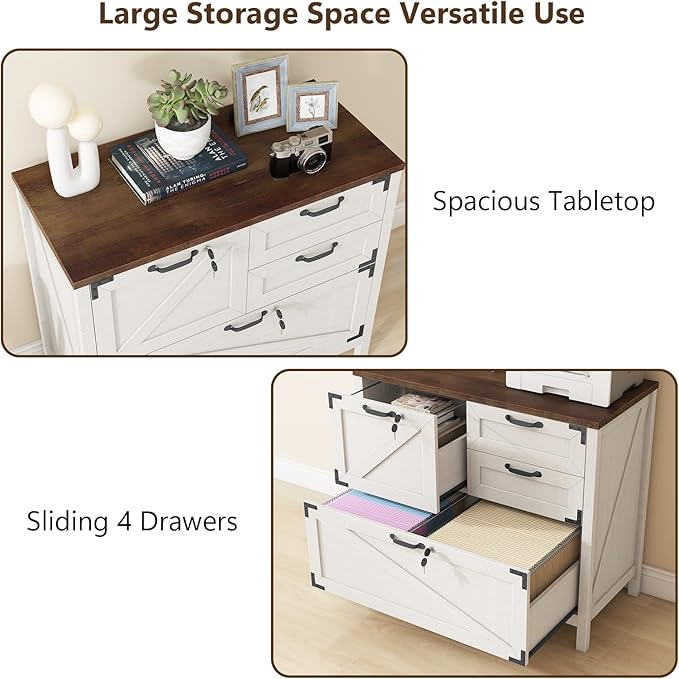 Lateral File Cabinet with 4 Drawers, Farmhouse File Cabinet for Letter/Legal/A4 Size Hanging Files, Large Wood File Storage Cabinets Printer Stand for Home Office Cabinets, White with Lock