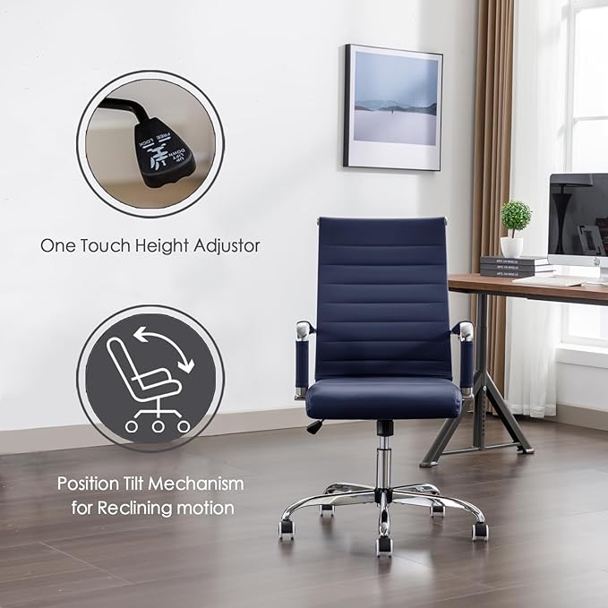Office Desk Chair Leather, Conference Room Chairs with Wheels, Executive Modern High Back Ergonomic Swivel Rolling Ribbed Computer Chair