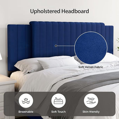 Upholstered Tufted Velvet Headboard, 3 in 1 Headboard for Full/Queen/King Size Bed, Height & Width Adjustable Head Board, Attach Frame, Study & Comfortable, Ideal for Bedroom, Dorm, Guest Room, Blue