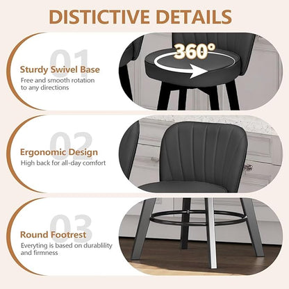 MINCETA Bar Stools Set of 4, PU Leather Barstools, 26 Inch Upholstered Counter Stools with Backrest and Footrest, Swivel Counter Height Barstools for Kitchen Island Home Bar Dark Gray