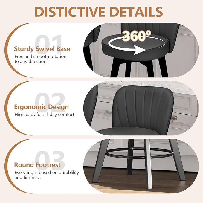 MINCETA Bar Stools Set of 2, PU Leather Barstools, 26 Inch Upholstered Counter Stools with Backrest and Footrest, Swivel Counter Height Barstools for Kitchen Island Home Bar Dark Gray