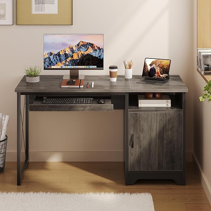 Bestier Office Desk with Keyboard Tray, Industrial Computer Desk with Storage, Reversible Executive Desk with File Cabinet for Home Office Bedroom, 47 inch Grey