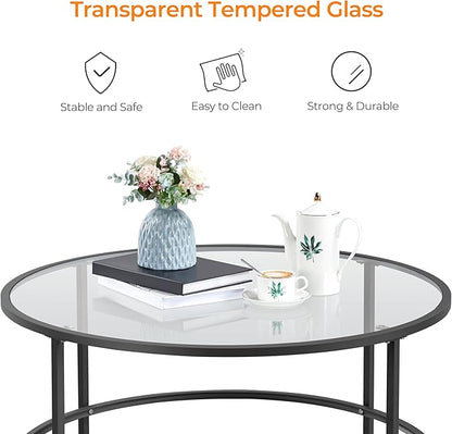 Yaheetech 36" Round Glass Coffee Table, Black Circle Coffee Table Center Table with Glass Top, Small Coffee Table for Living Room, Office & Apartment