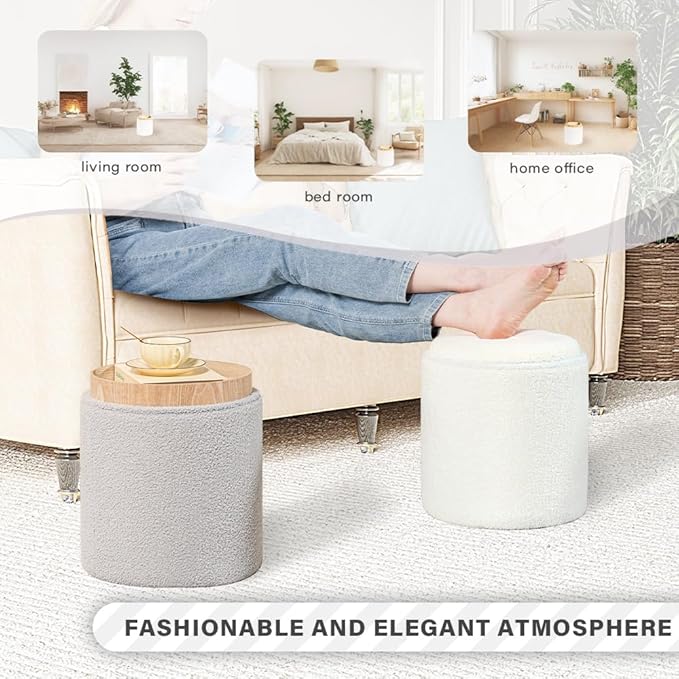 PINPLUS Round Storage Ottoman Boucle Ottoman with Tray, Teddy Velvet Footstool Cube for Living Room, Bedroom, Dorm 13.4"x13.4"x15" (White)